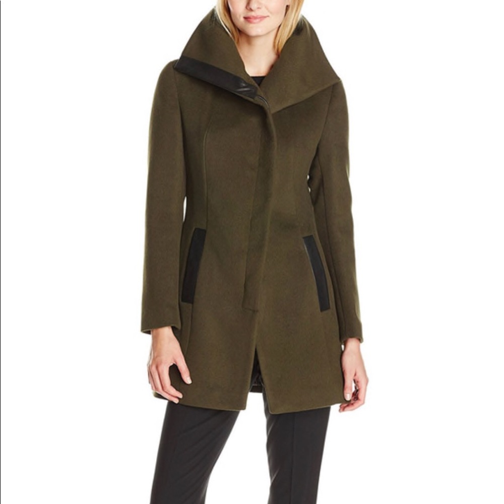 Soia Kyo Jana Asymmetrical Wool Coat Leather Trim